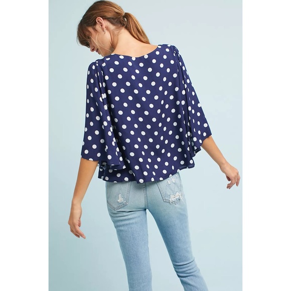 Anthropologie Isla Maude Valentina Floral Top Navy Blue White Polka Dot Small - Picture 2 of 9